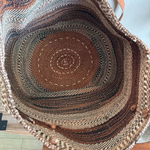 90s Vintage Leather Strap Brown Woven Raffia Farmers Market Bucket LRG Tote Bag - Picture 10 of 11